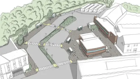 A digital image showing the plans for the transport hub, which shows shelters and trees around the building. 