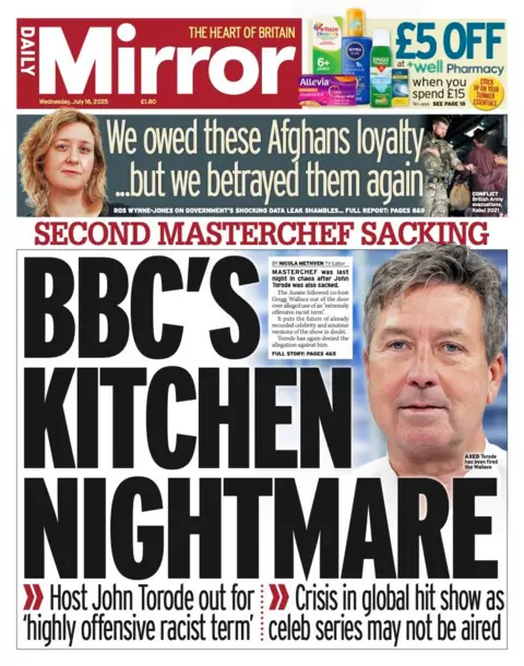 The headline on the front page of the Daily Mirror reads: "BBC's kitchen nightmare".