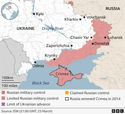 A BBC graphic showing military control of Ukraine, with the Black Sea at the bottom