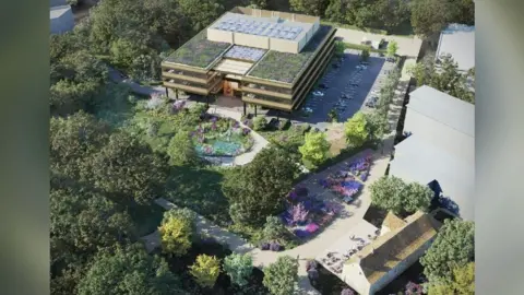 A bird's eye illustration of the new science building, with The Priory pub in the bottom right of the picture. 
