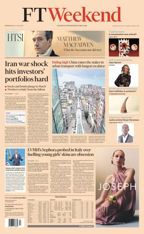 "Iran war shock hits investors' portfolios hard," reads the headline on the front page of the Financial Times Weekend.