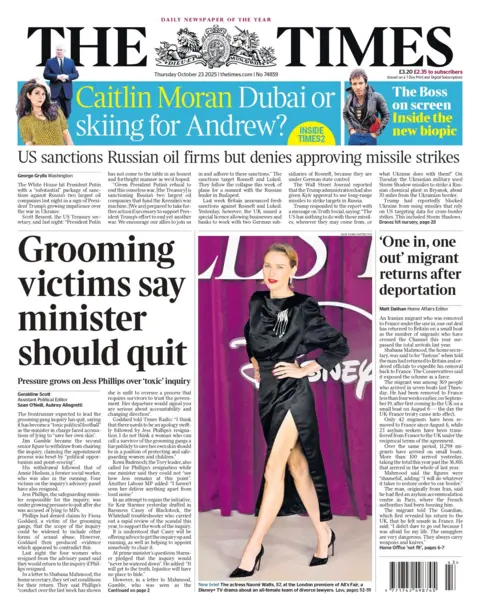 "Grooming victims say minister should quit" reads the headline on the front page of The Times.