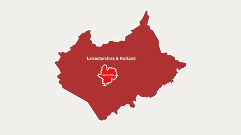 Map showing a possible scenario of local government reorganisation where Leicestershire and Rutland combine into one unitary authority, with Leicester remaining separate.