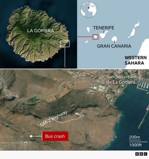 Composite map showing the Canary Island of La Gomera. A locator map highlights La Gomera among Tenerife and Gran Canaria off Western Sahara. A satellite view zooms in on the GM‑2 highway near San Sebastián de La Gomera, with a red label marking the scene of the bus crash on a tight bend