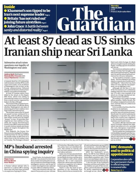 The headline on the front page of the Guardian reads: “At least 87 dead as US sinks Iranian ship near Sri Lanka”.