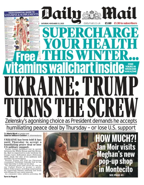 The headline on the front page of the Daily Mail reads: "Ukraine: Trump turns the screw". 
