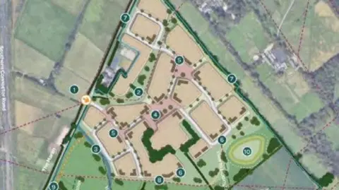 Hussey Family Trust A plan of a proposed housing development on a greenfield site with numbers in green highlighting different elements of the plan.