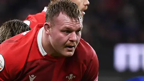 Dewi Lake of Wales prepares for a scrum