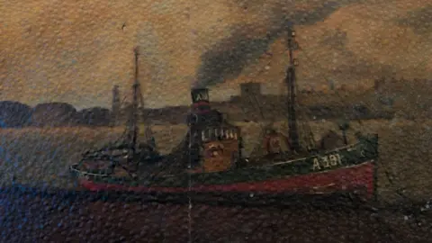 A dark section of the 1956 painting showing the Abergeldie sea trawler, with a red hull and smoke coming out of a shimney, in tones of muted brown.