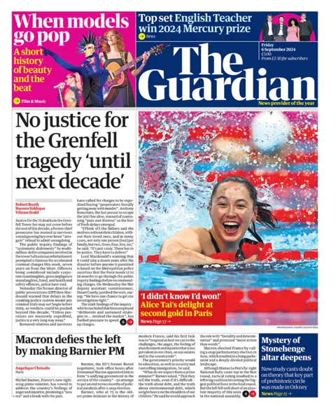 The headline in the Guardian reads: "No justice for the Grenfell tragedy 'until next decade'". 