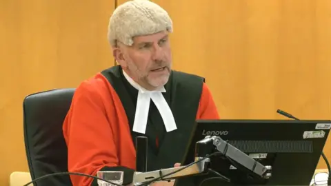 Judge Andrew Menary KC, wearing a white wig, red gown, black robes and a white collar, speaks to a court in front of a computer
