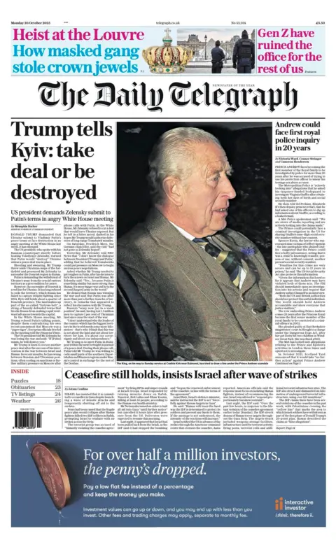 The headline on the front page of the Daily Telegraph: "Trump tells Kyiv: take deal or be destroyed" 