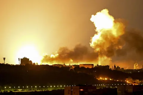 An explosion during drone and missile attacks in Kyiv on 2 June 2026