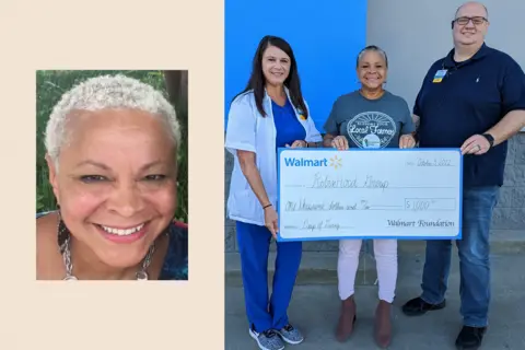 Elise Ashby Montage of a close-up of Elise Ashby and another picture of her accepting a cheque for $100,000 from the Walmart Foundation on behalf of her non-profit RobinHood Group