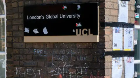 Getty Images A UCL sign with with Free Palestine graffiti 