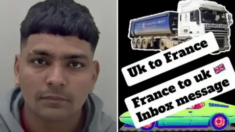 A composite image of a police mugshot showing a man with short dark hair and a grey hoodie. The right image features an advert for cross channel journeys. Text reads "Uk to France, France to UK, Inbox message"