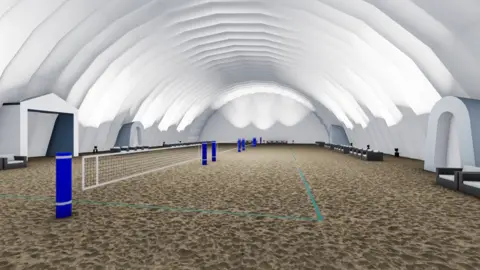 BCU A CGI image showing what one of the inside beach volleyball courts could look like, with a white domed roof, sand on the floor and white nets with blue posts running through it.