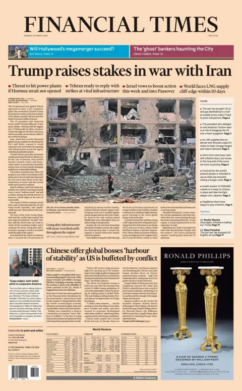The headline of the front page of the Financial Times reads: "Trump raises stakes in war with Iran." 