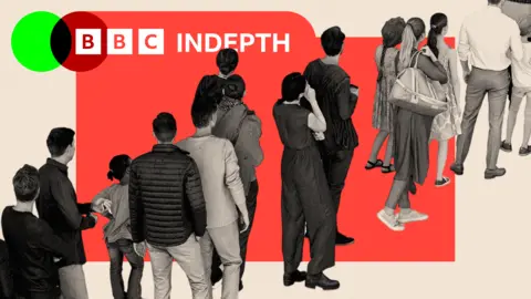 A treated image of a group of people queuing