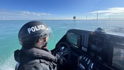 Essex Police File picture of the Essex Police rib Sentinel at Gunfleet Sands off-shore windfarm