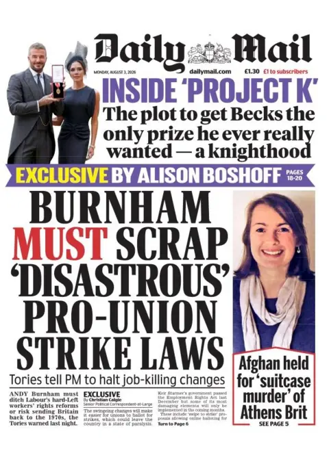 "Burnham must scrap 'disastrous' pro-union strike laws" reads the headline on the front page of the Daily Mail.