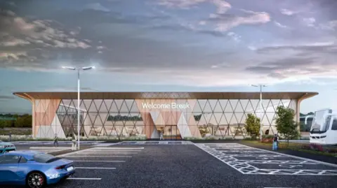 Somerset Council/ADS Design/Notaro The image is an artist's impression of the main service station building.  It has Welcome Break written across the entrance, and shows parking spaces for cars and coaches.