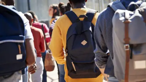 The backs of a group of students carrying backpacks. They are unidentifiable. 