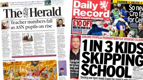 Composite image of The Herald, headlined "Teacher numbers fall as ASN pupils on the rise" and the Daily Record, headlined "1 in 3 kids skipping school"