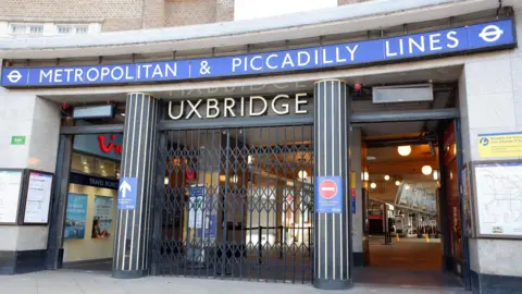 Getty Images Uxbridge station seen with deco pillars leading to a ticket hallway and shops 