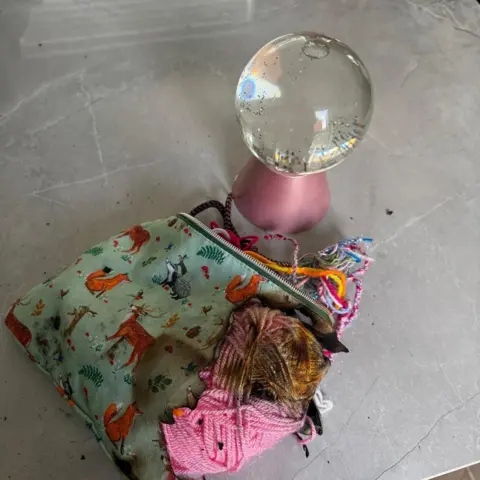 Supplied A small snow globe with a pink base is shown on a grey countertop next to a green child's pencil case with animals on, with half of the case having been burned away in a small fire.
