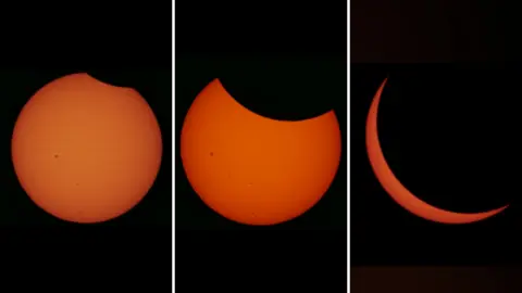 Three images of a solar eclipse showing a orange sphere on a black background. In the first image it has a small semi circle of black in the top right, in the second this black semi circle is covering about a fifth of the orange sphere, and in the last image the sphere has become a thin orange crescent surrounded by black