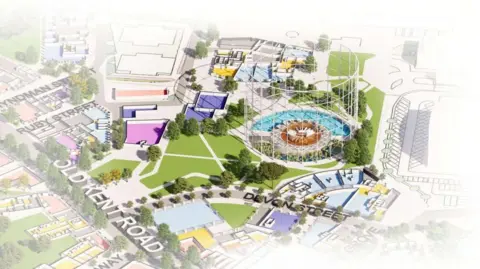 Southwark Council Artist’s impression showing a proposed park around the gasholder, with a circular wild swimming pond and surrounding green space, paths and new buildings along the Old Kent Road.