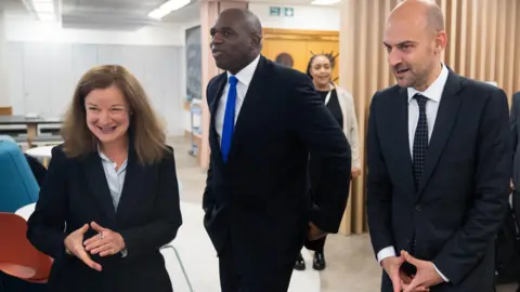 PA Jean Innes, Foreign Secretary David Lammy and his French counterpart, Jean-Noel Barrot at a meeting in London