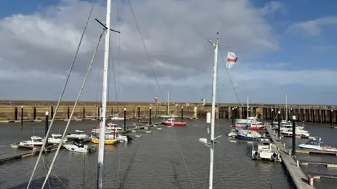 Lots of boats in a harbour with blue and cloudy skies in the background.