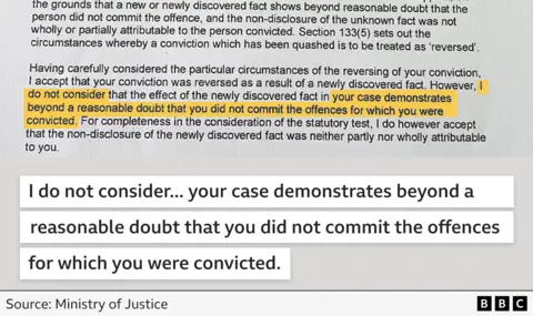 Image showing part of the typed letter sent to Mr Buckle. One paragraph has been highlighted in larger text. It reads, 'I do not consider... your case demonstrates beyond a reasonable doubt that you did not commit the offences for which you were convicted'.