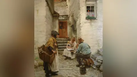 An oil painting depicting fishermen and their families at the turn of the century.