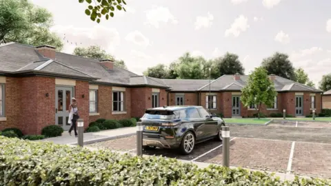 CGI generated image showing a small complex of red brick bungalow with dull grey doors. There is is a lady walking out of one of the doors towards a parked black Range Rover in one of the parking spaces outside the complex.