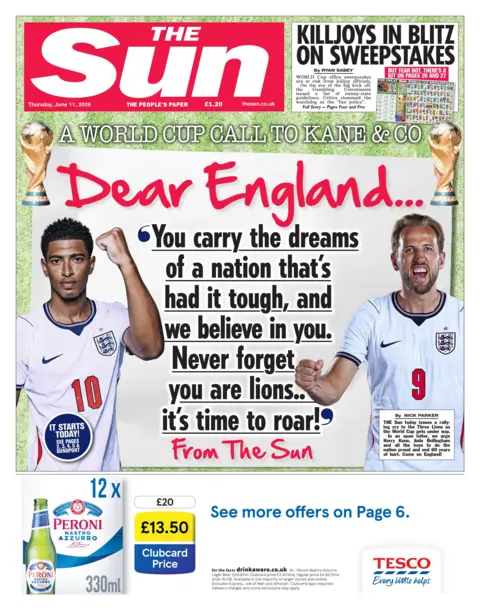 The headline on the front page of the Sun reads: "A World Cup call to Kane and Co."