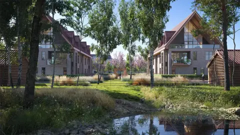 Computer-generated image of the Wynyard proposals showing a number of modern-looking houses, including some with balconies and outside spaces on their upper floors. Trees and a pond can be seen in the foreground.