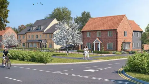 An artist's impression of new homes. They appear to be large homes, with grass and trees nearby.