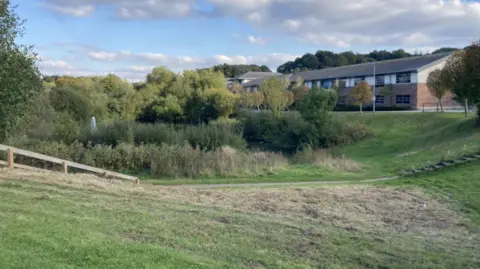 A grassy area with a business park in the background