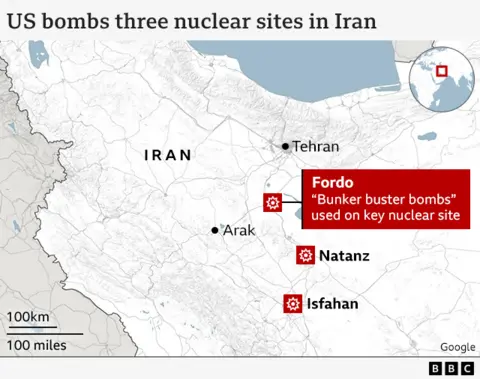 A map of Iran highlighting three locations bombed by the US: Fordo; Natanz and Isfahan
