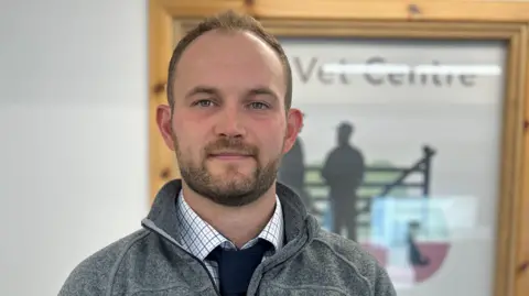 A young man with thin fair hair and a beard, wearing a fleece over a checked shirt and a black tie. He is staring into the camera and is standing in front of a sign that says "vet centre".