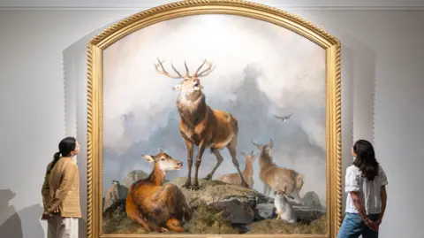 Scene in Braemar painting featuring a twelve point stag on a Highland peak