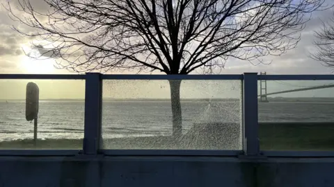 Richard Madden/BBC A broken panel on the tidal defence barrier at Hessle.