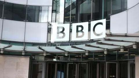 Getty Images BBC Broadcasting house - the front with the BBC logo.