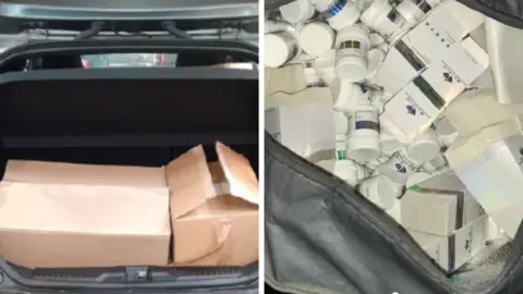 Crown Prosecution Service On the left, a picture of some of the boxes which had drugs in and on the right is a close up of inside one of the bags of drusg with loads of little white bottles 