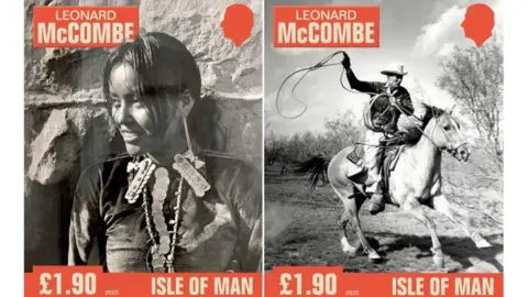 IOMPO Stamps featuring a Navajo woman in traditional dress smiling and a cowboy on a horse throwing a lasao.