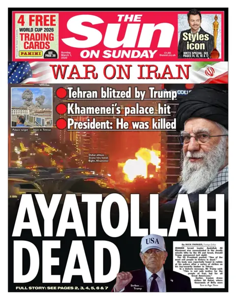 The headline on the front page of the Sun on Sunday reads: "Ayatollah dead".