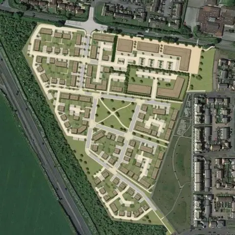 SKDC/Commercial Estates Group An illustrated aerial view of a residential neighbourhood. It features housing blocks, green spaces, paths, and roads. It is surrounded by buildings, roads, and open fields.